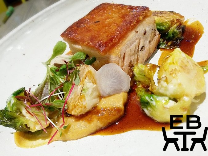 Roasted Borrowdale pork belly, fermented turnips, charred Brussel sprouts and mustard.