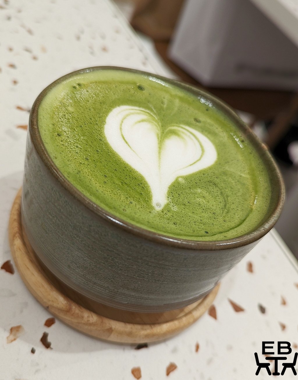 Another angle on the matcha latte, appropriately in a Japanese ceramic cup.